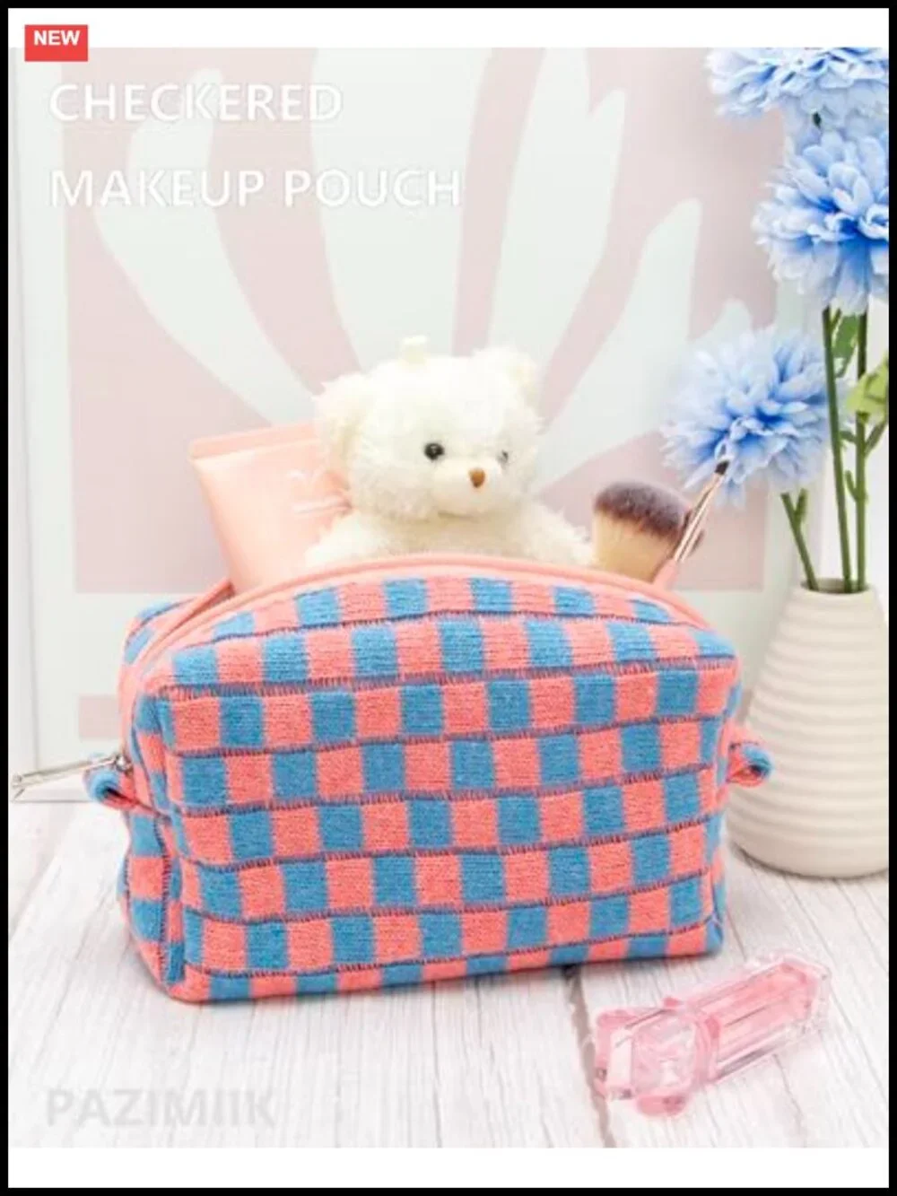 Checkered Makeup Bag for Purse, Small Travel Cosmetic Pouch, Zipper Organizer